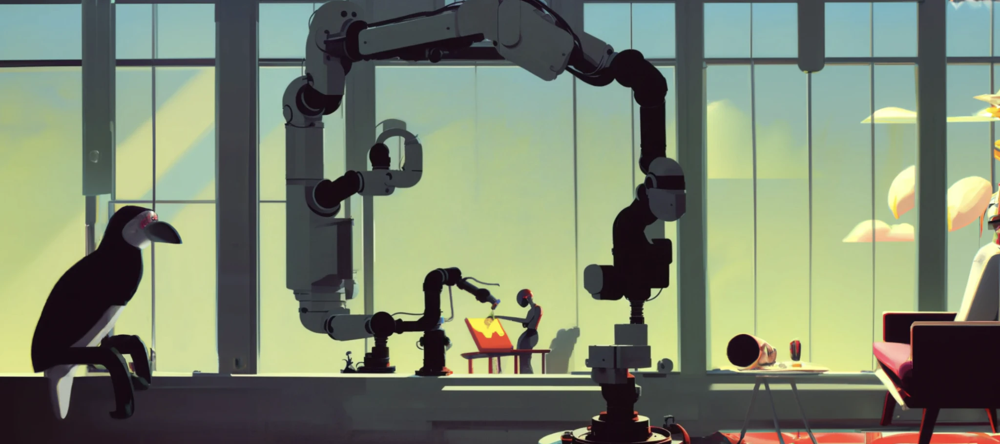 An image created by generative AI platforms DALL-E and Stable Diffusion, showing a robot painting on a canvas.