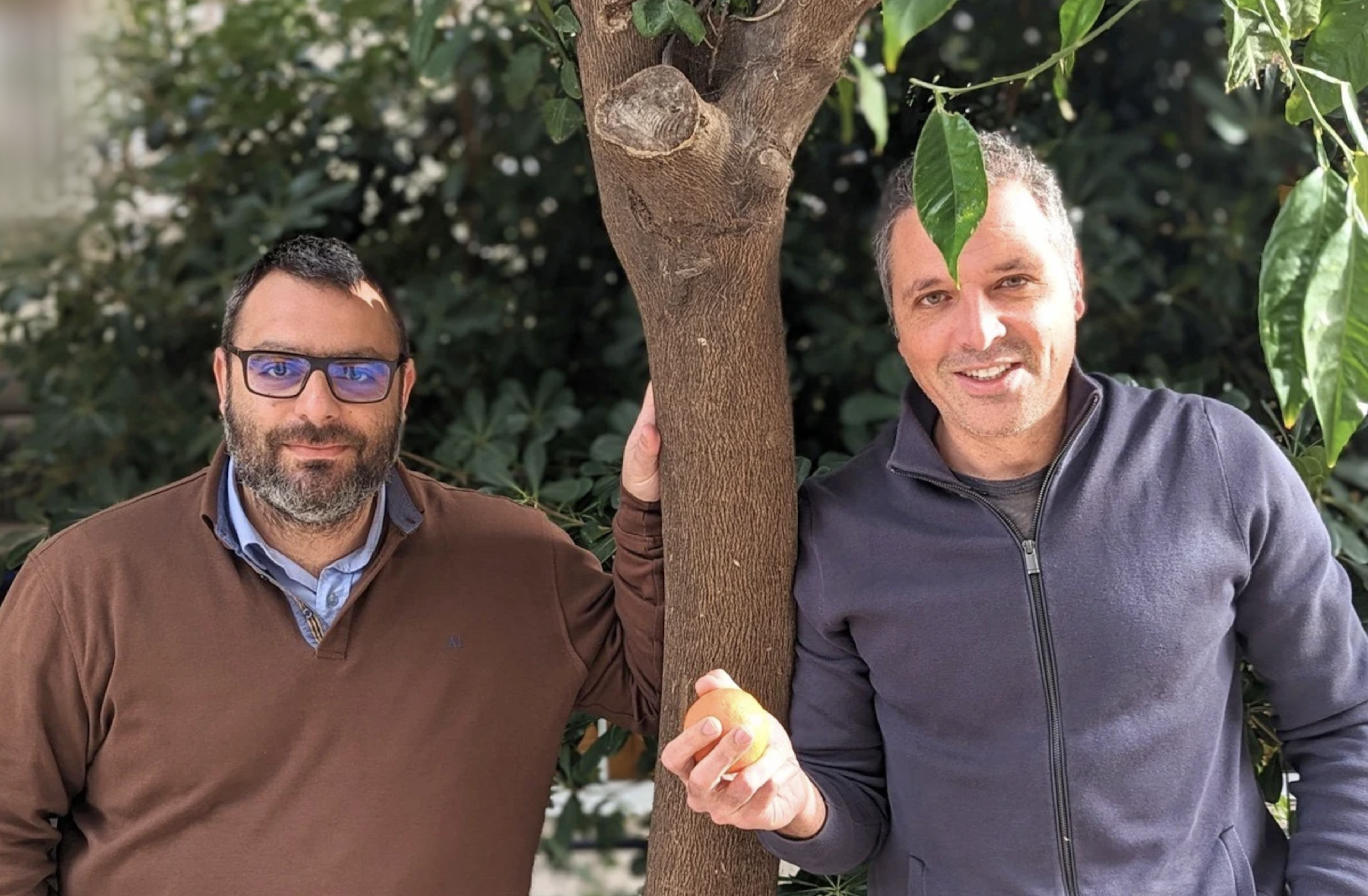 Two men standing beside a tree. One holds a piece of fruit in his hand.