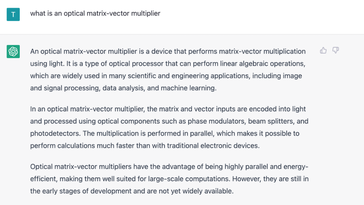 A screenshot of chatgpt where it's been asked &quot;What is an optical matrix-vector multiplier&quot;