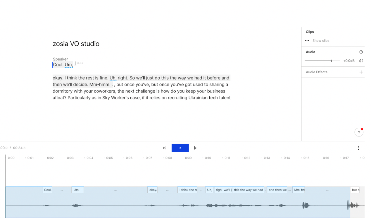 Removing unnecessary audio from a voiceover using Descript