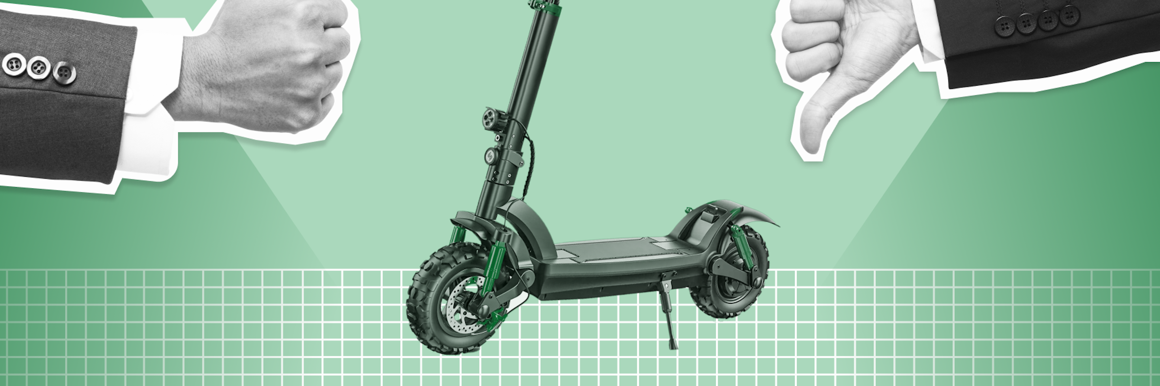 A scooter cut out on a green background with a thumbs up on one side, and a thumbs down on the other.