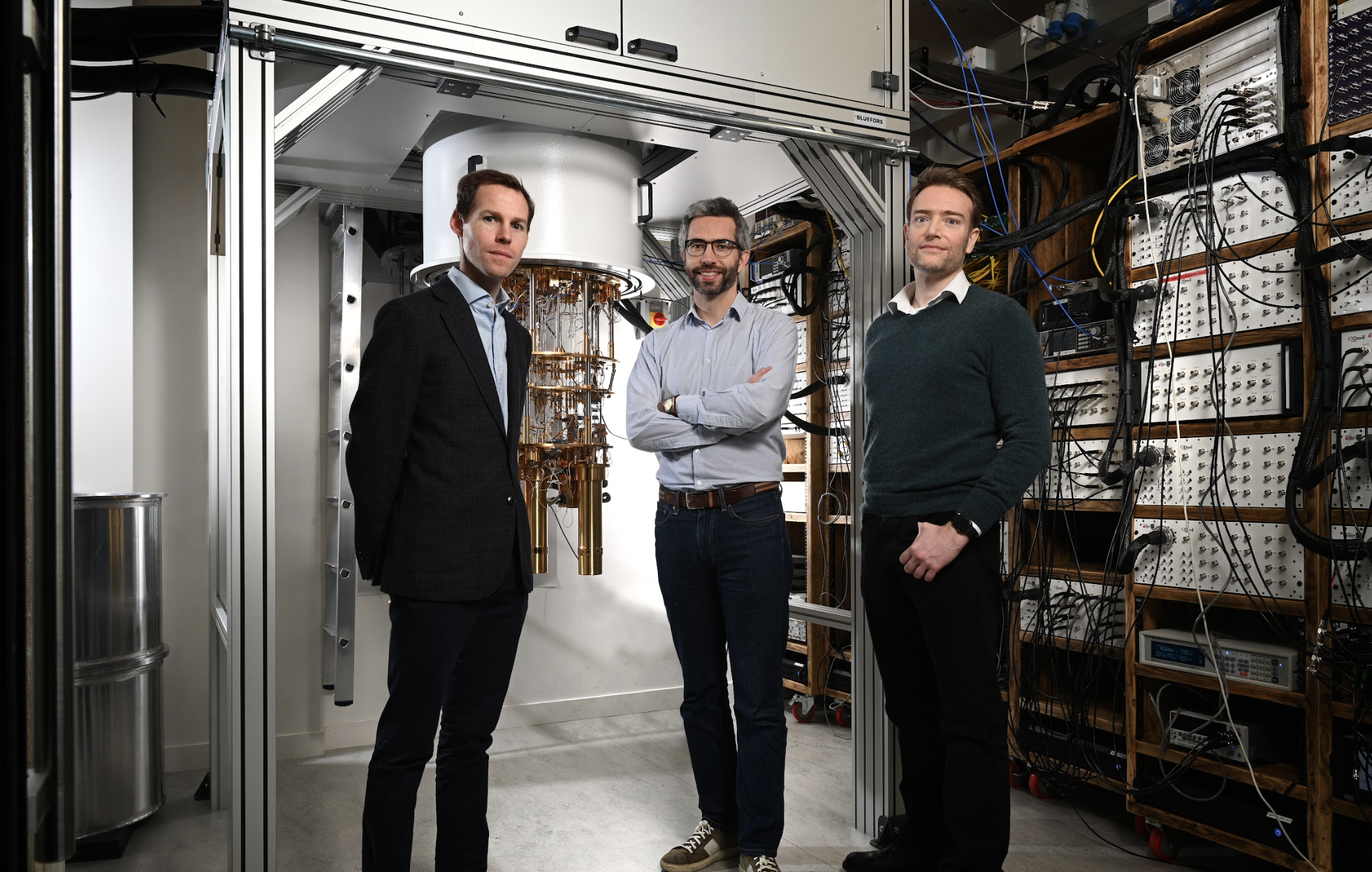From left, Quantum Motion's CEO James Palles-Dimmock and cofounders John Morton and Simon Benjamin