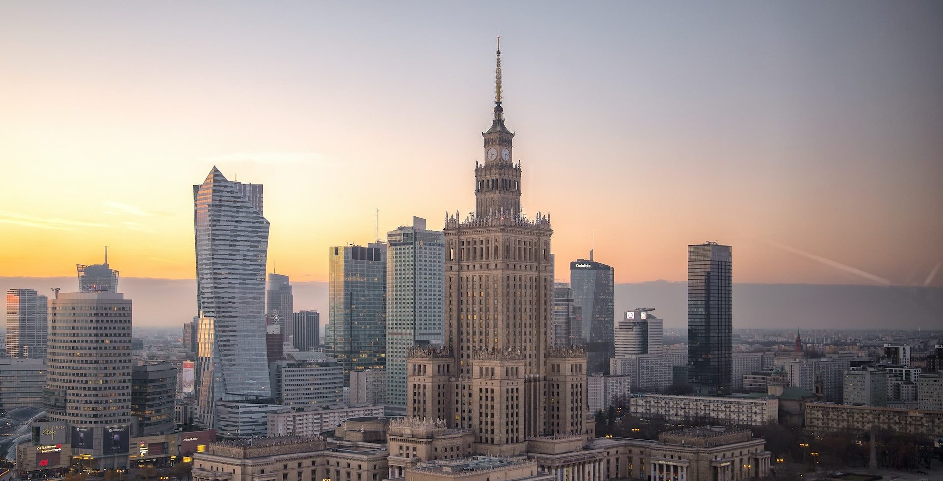 The skyline of Warsaw, with the Palace of Culture and Science and skyskapers