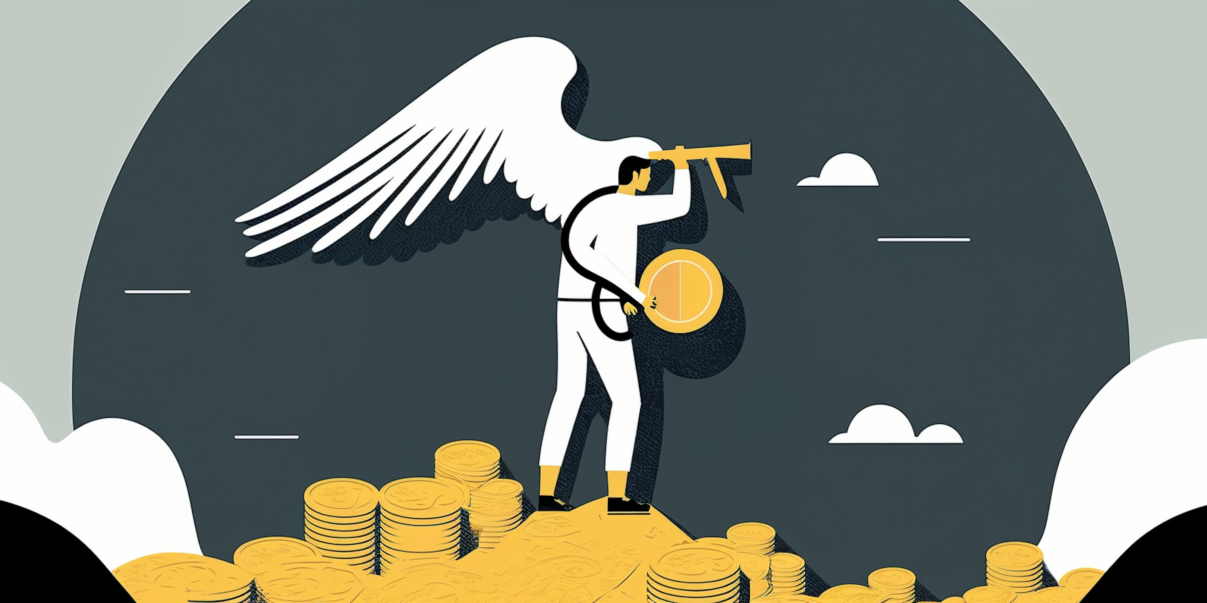 An AI-generated illustration of an angel standing on top of piles of coins.