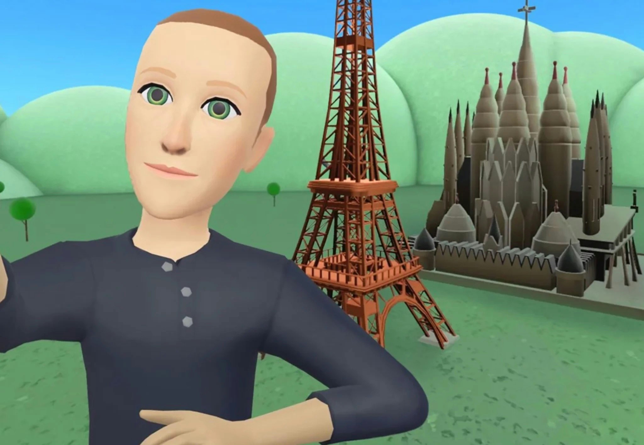 Mark Zuckerberg's metaverse selfie in front of poorly rendered versions of the Eiffel Tower and the Sagrada Familia