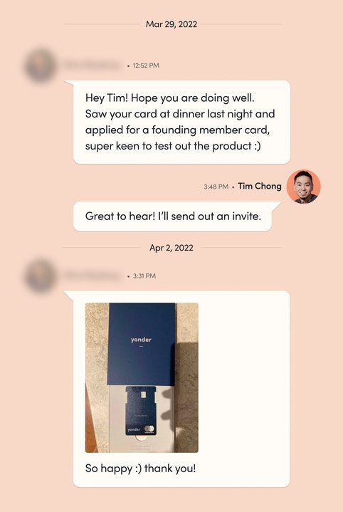 Screenshot of an investor messaging Yonder CEO Tim Chong about seeing someone use their product