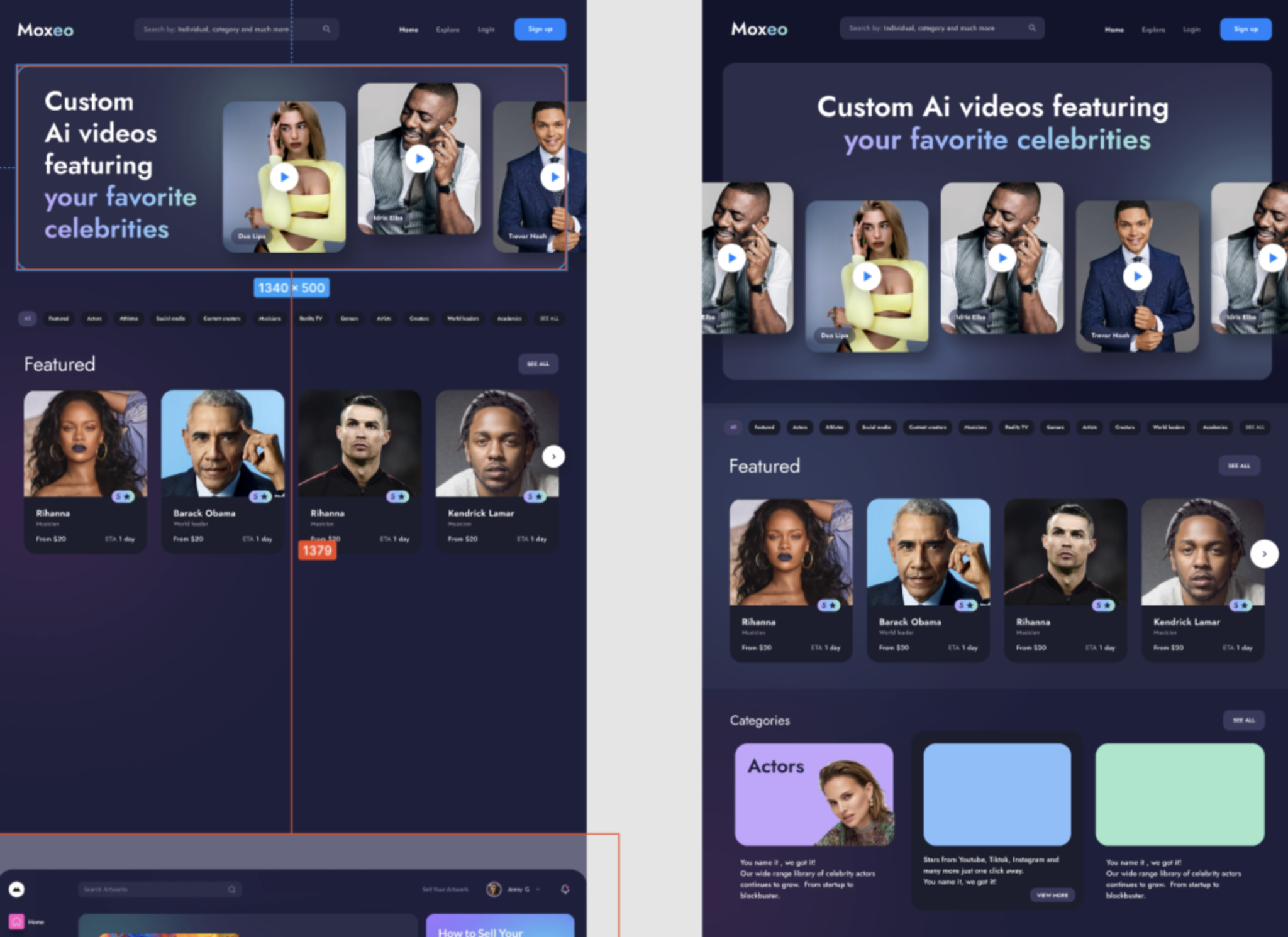 Two screens showing the celebrity custom AI video product, including Rihanna, Barack Obama and Kendrick Lamar