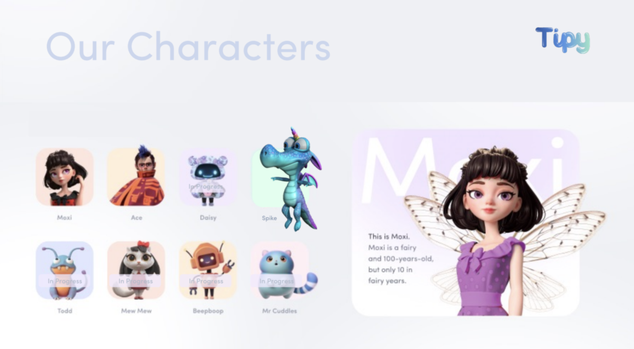 A screenshot of Tipy's AI characters, including Tipy on the right