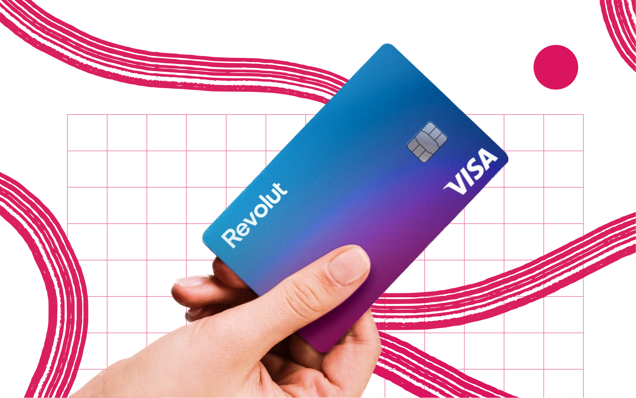 A designed image of someone holding a revolut debit card