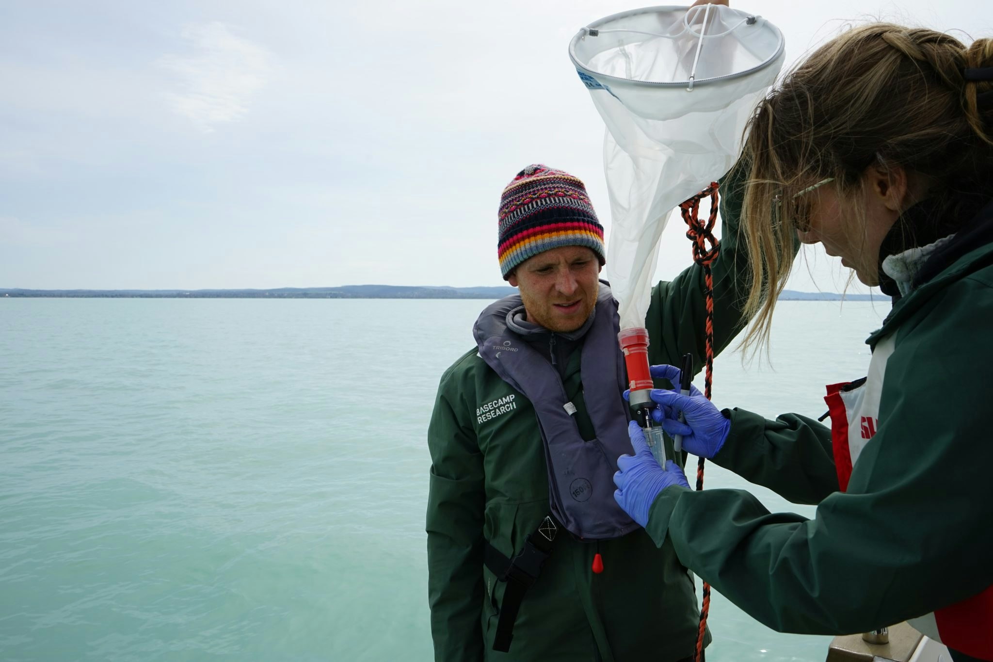 Basecamp's Ineke Knot and Marlon Clark sample Plankton from Lake Balaton.