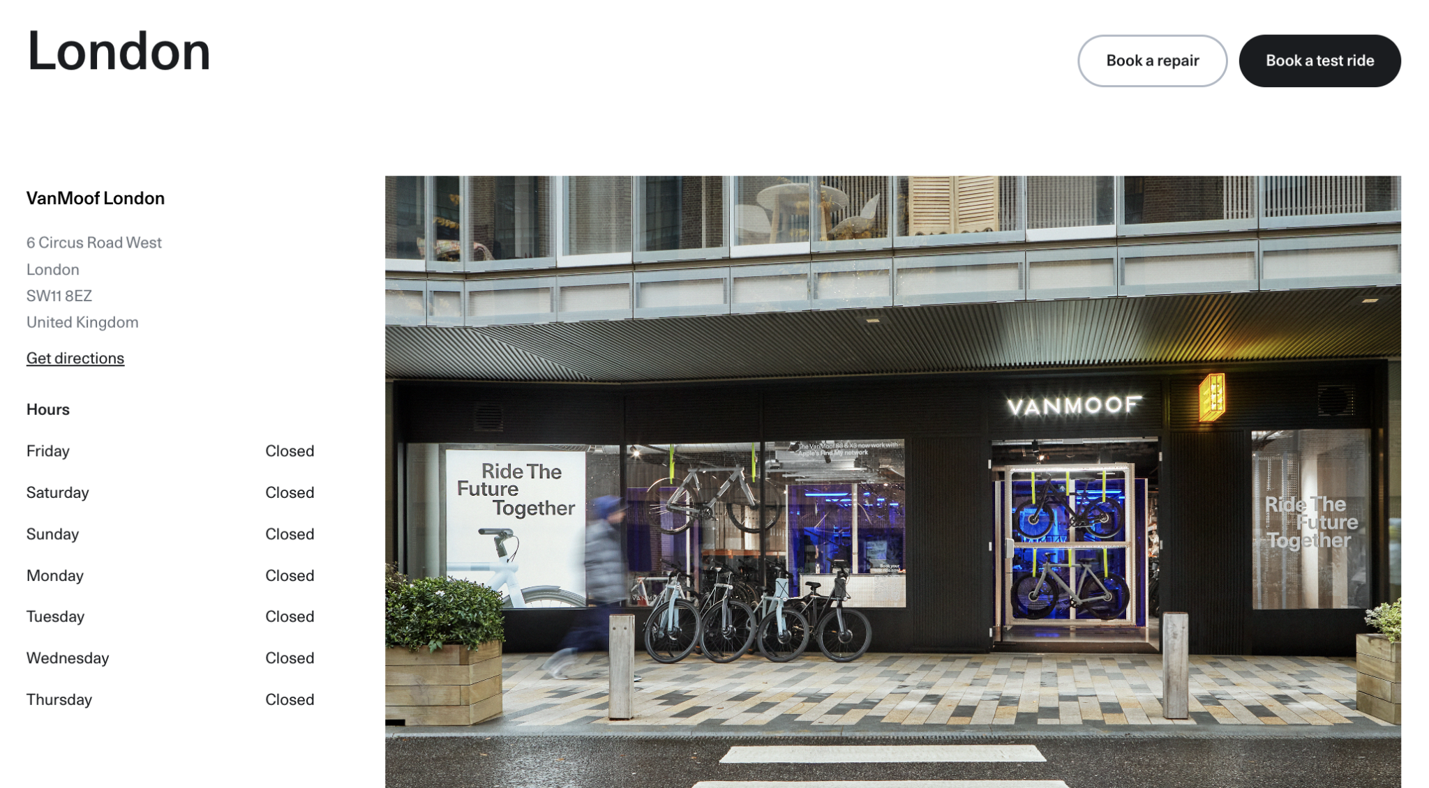 A screenshot of the VanMoof website showing the London Battersea store as closed.