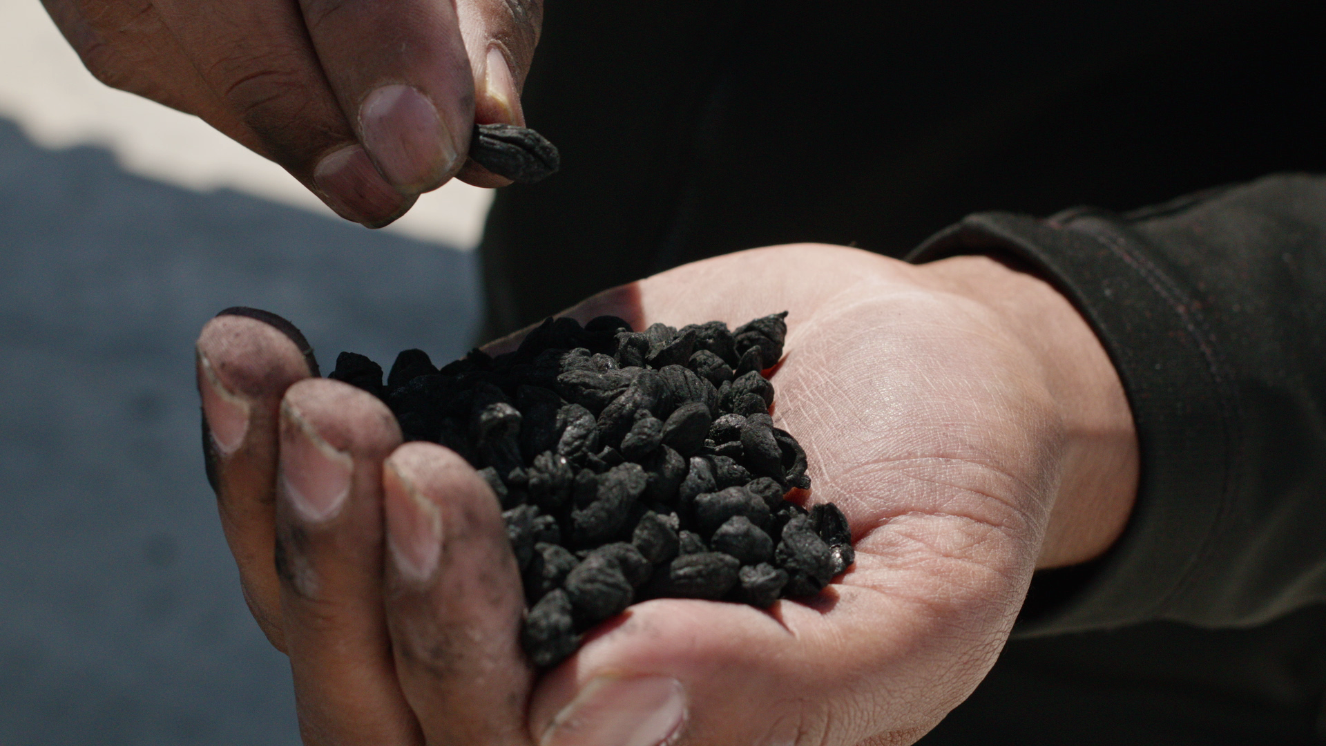 A close up of someone holding biochar in the palm of their hand.