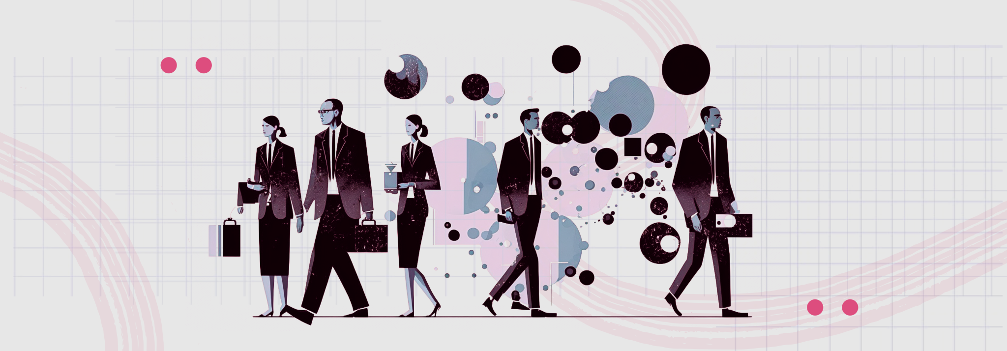 An illustration of people walking in office attire representing the financial sector