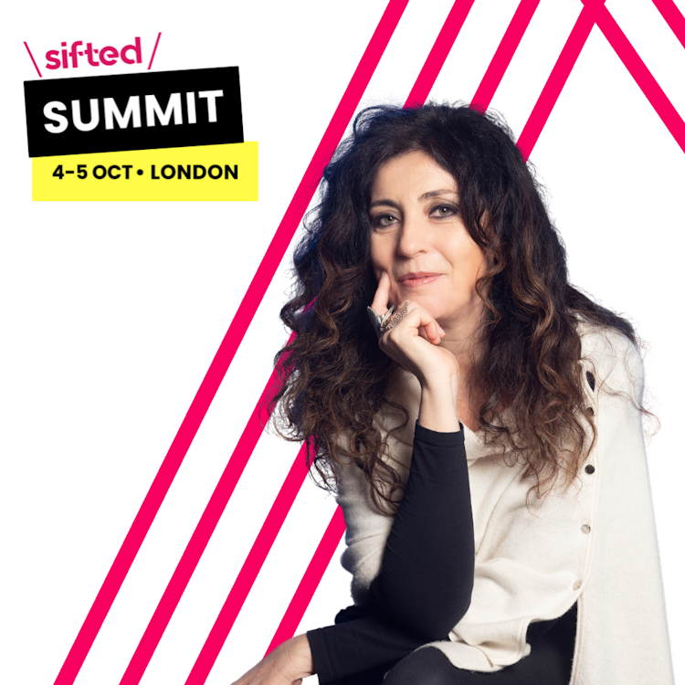 Dr. Sabrina Maniscalco, CEO and cofounder of quantum startup Algorithmiq, against a Sifted Summit branded background