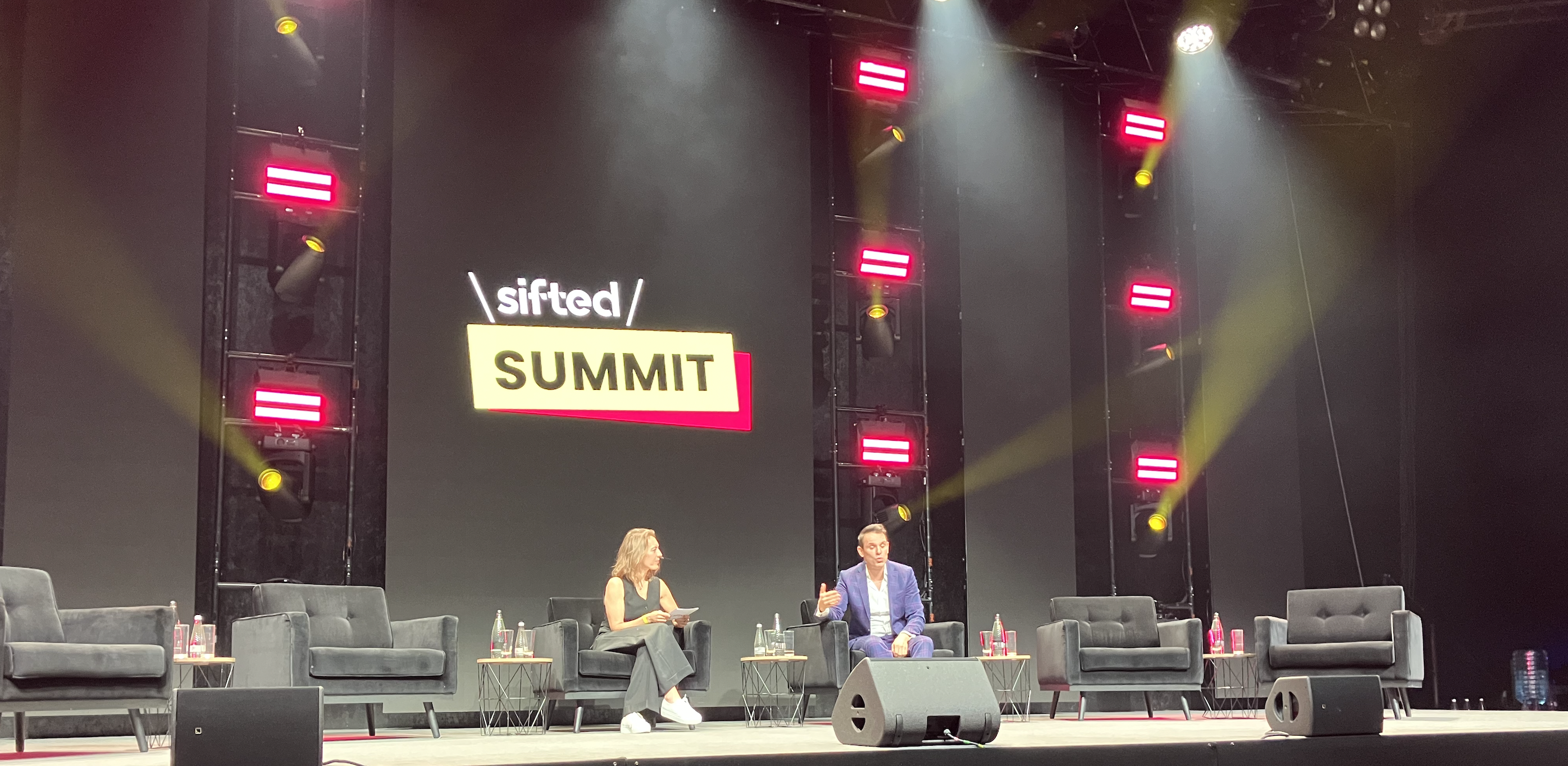 Christian Angermayer on stage with Sifted's Mimi Billing at Sifted Summit