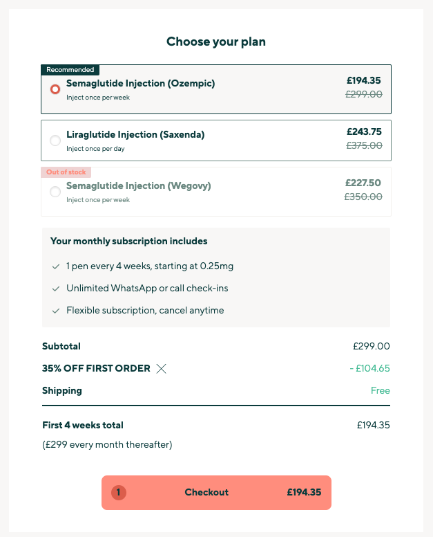 The order landing page for Manual's Ozempic for weight loss treatment, which Sifted reached on Thursday October 26 — eight days after the government deadline to stop prescribing the drug for off-label use.