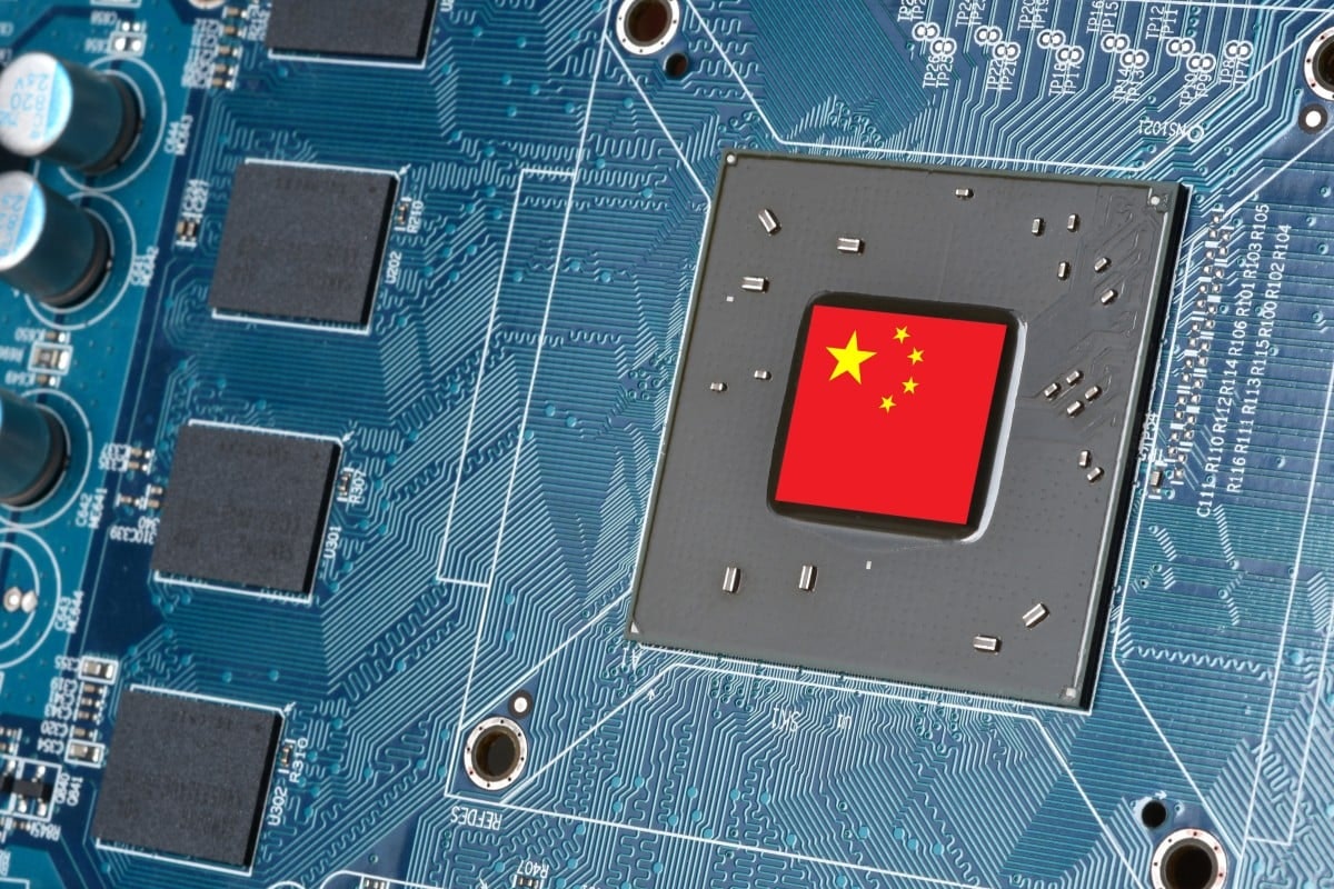 Image of a semiconductor with the Chinese flag superimposed on the chip.