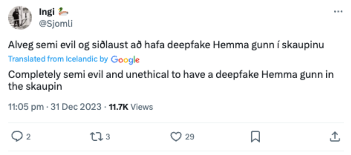 A screenshot from X with Icelandic and translated English text. It reads 'Completely semi evil and unethical to have a deepfake Hemma gunn in the skaupin.