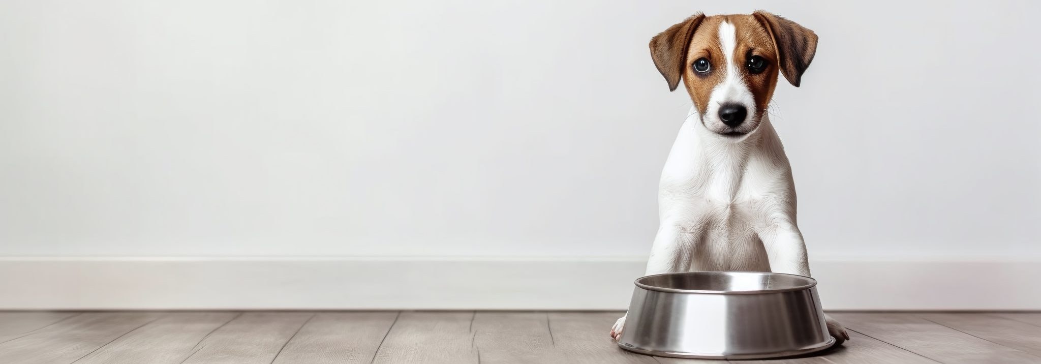 A dog sitting behind a silver food bowl