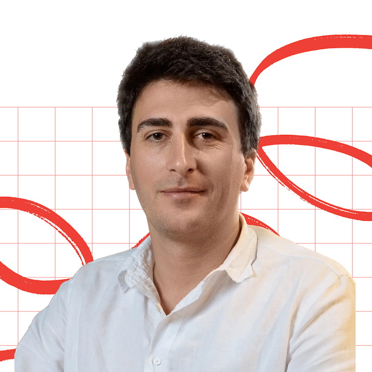 Headshot of Sandro Okropiridze against a white and orange graphic background