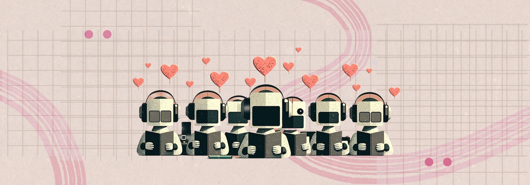 An AI-generated image of robots reading books with headphones on, with love hearts extending from their heads.