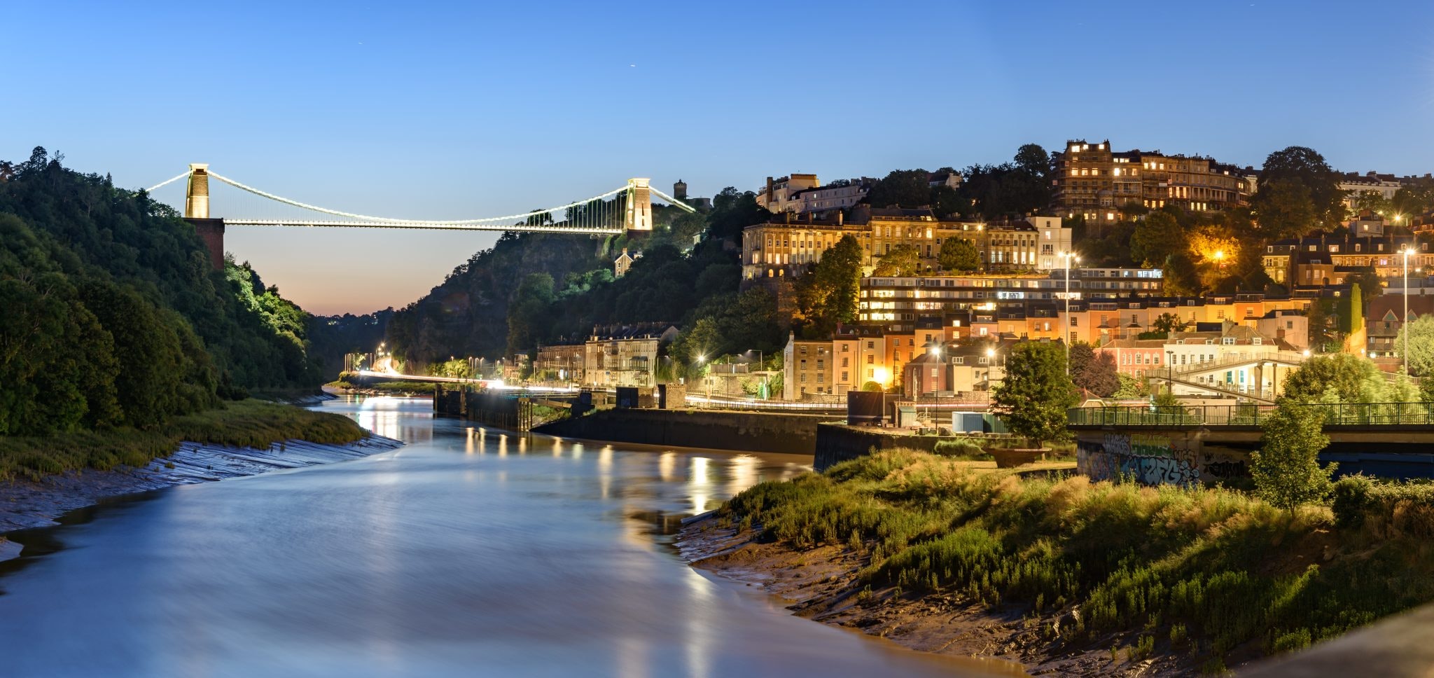 Clifton bridge panning across river Avon in Bristol, UK.