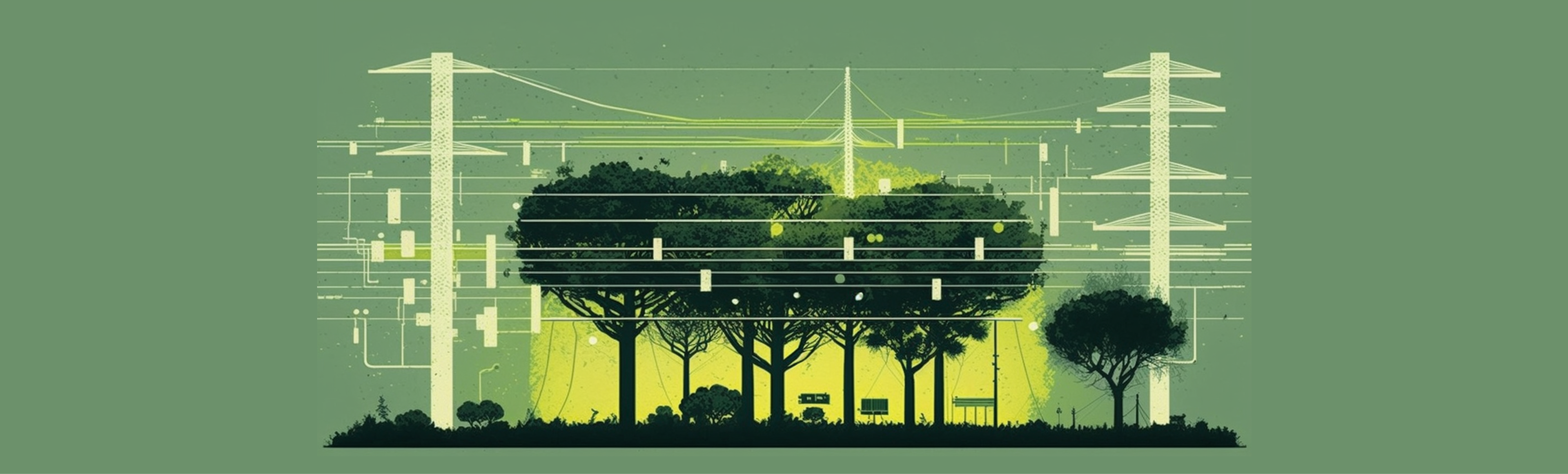 An illustration of trees infused with technological elements.