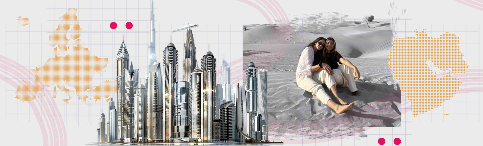 An illustration of the Dubai skyline and map with Sophia Parvizi-Wayne of Kanjo in the foreground.