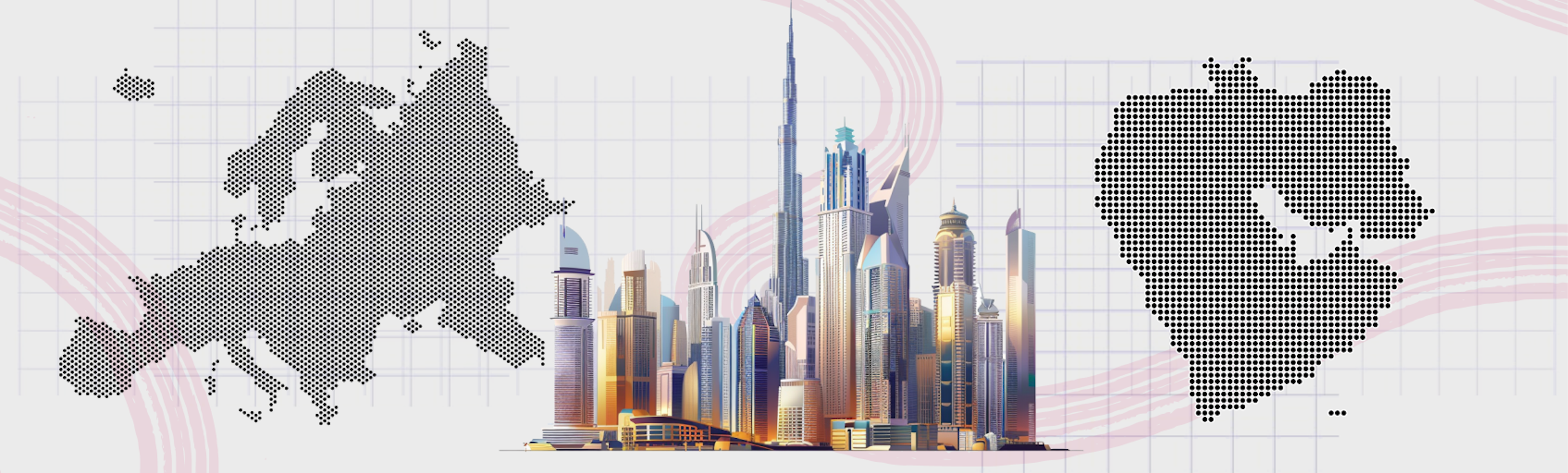 An illustration of the Dubai skyline with maps of Europe and the Gulf region.