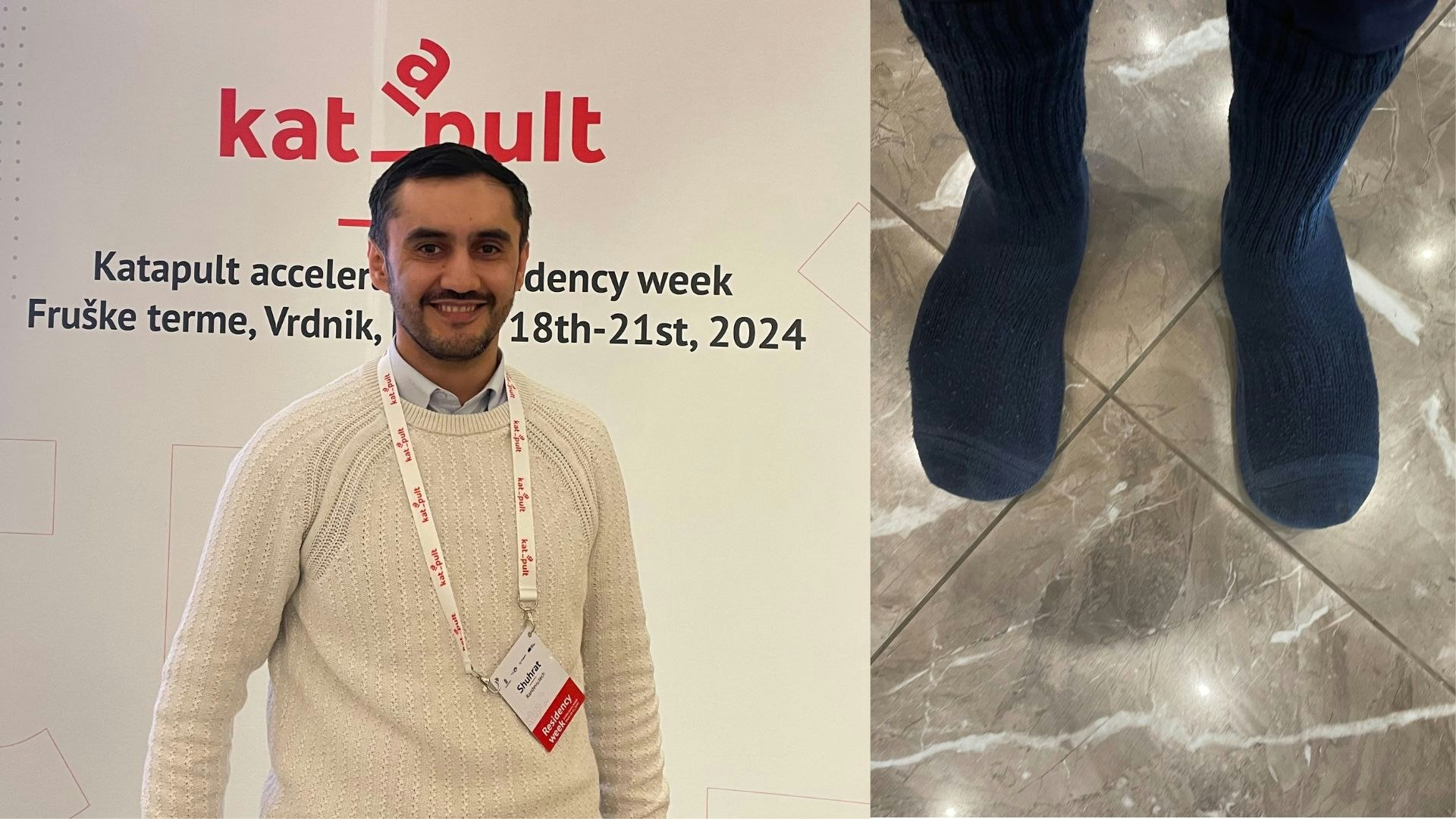 A photo of Ashurov and the socks/slippers he ran a 5k in