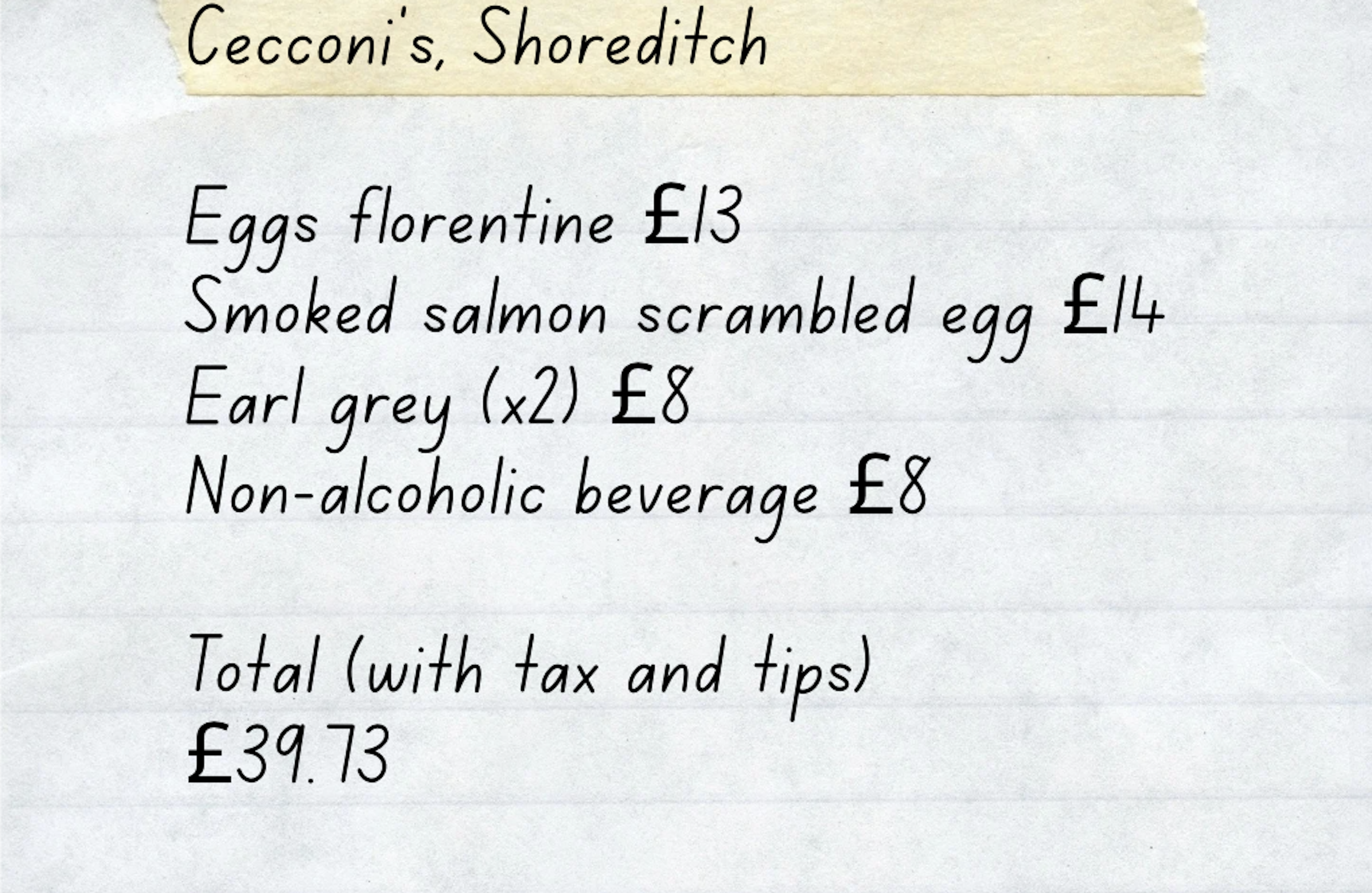 Alice Bentinck brunch receipt