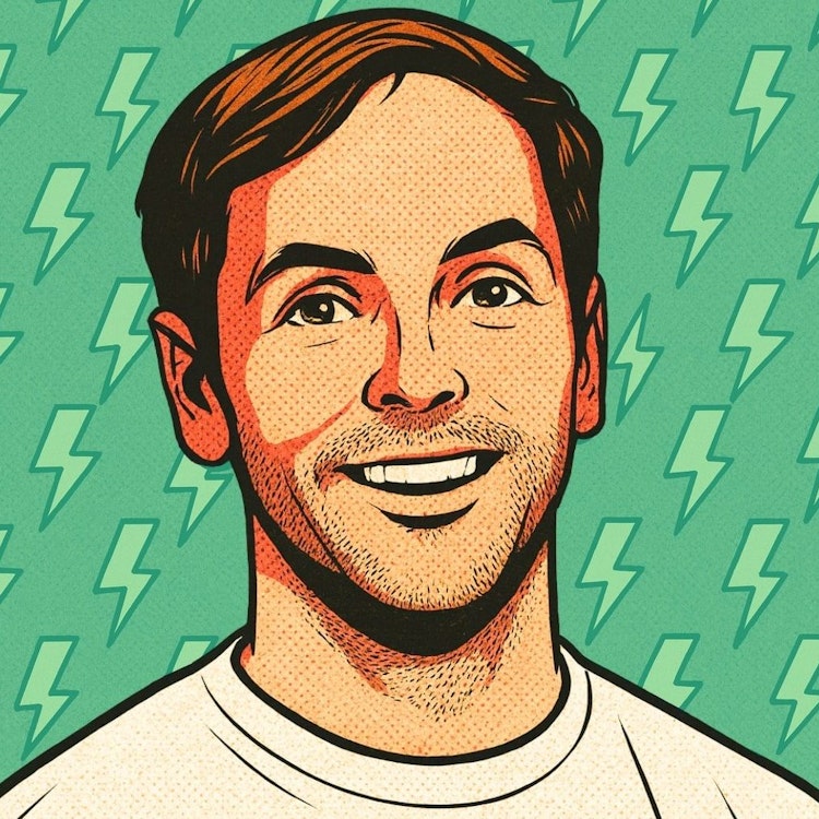 A white man, Philipp Schröder, CEO of 1Komma5, with brown hair and stubble dressed in a white tshirt. The image is AI-generated in a comic book style.