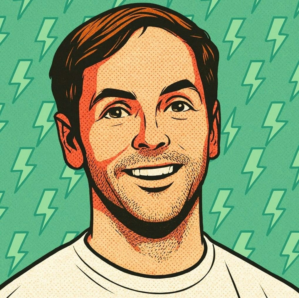 A white man, Philipp Schröder, CEO of 1Komma5, with brown hair and stubble dressed in a white tshirt. The image is AI-generated in a comic book style.