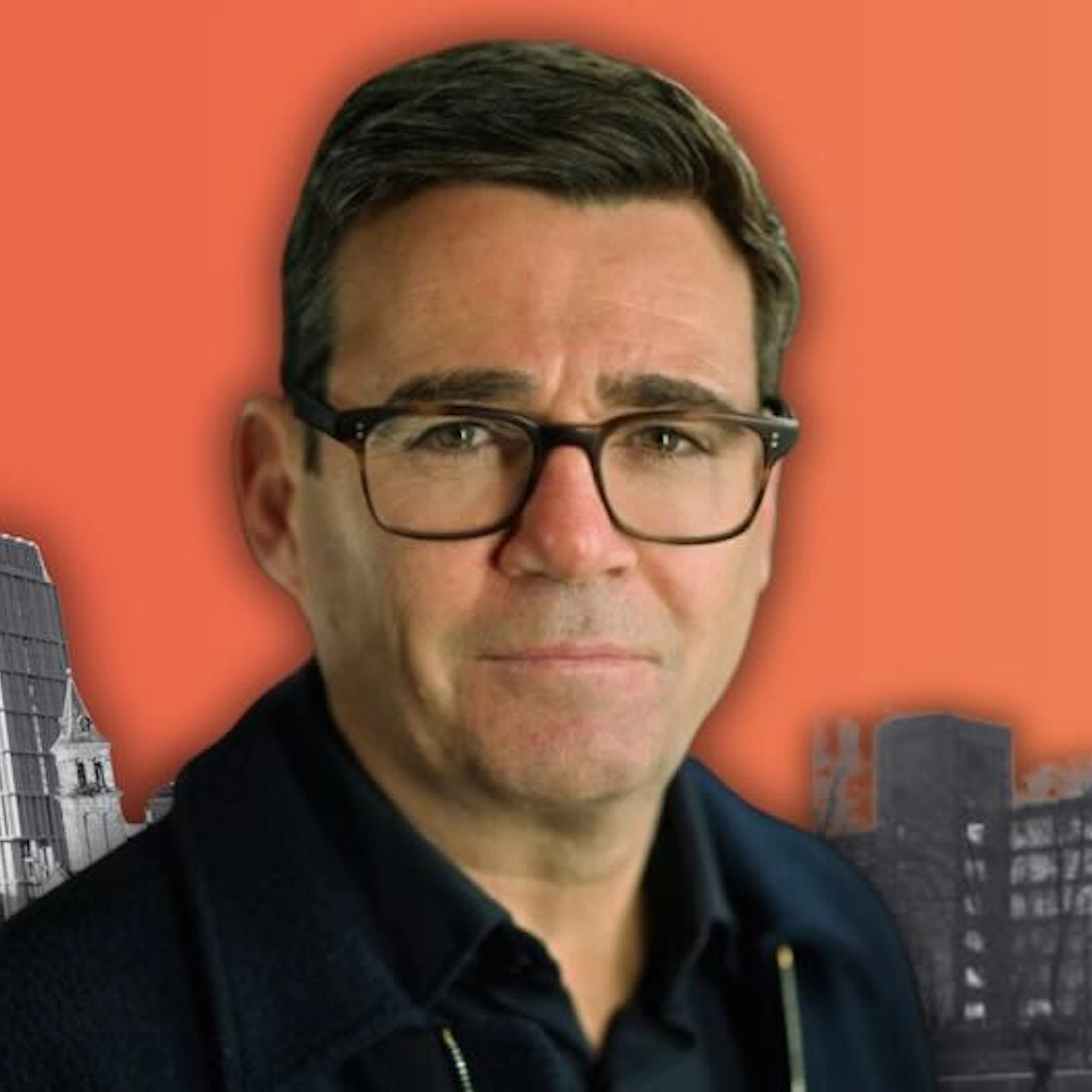 Andy Burnham imposed on a cityscape of Manchester.
